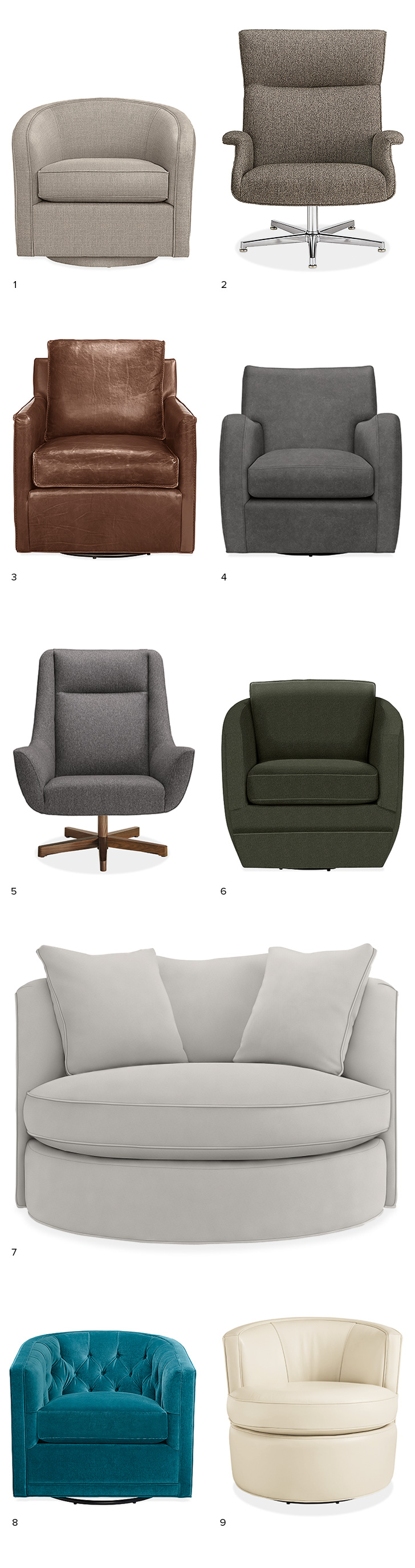 Modern swivel chairs add comfort and function to your living room