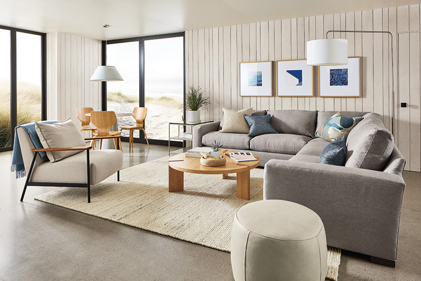 Living room with Metro sectional, Xavier chair and Decker dining table.