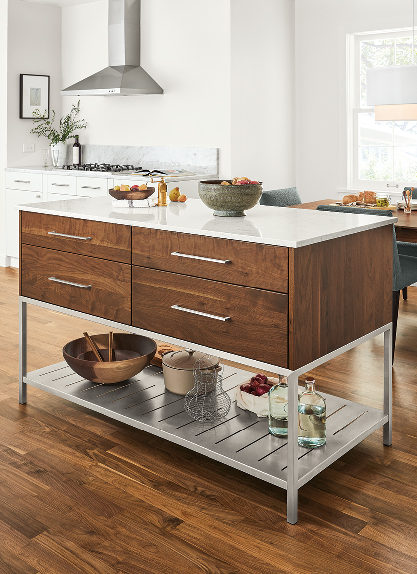 Kitchen with Booker kitchen island with shelves in walnut.