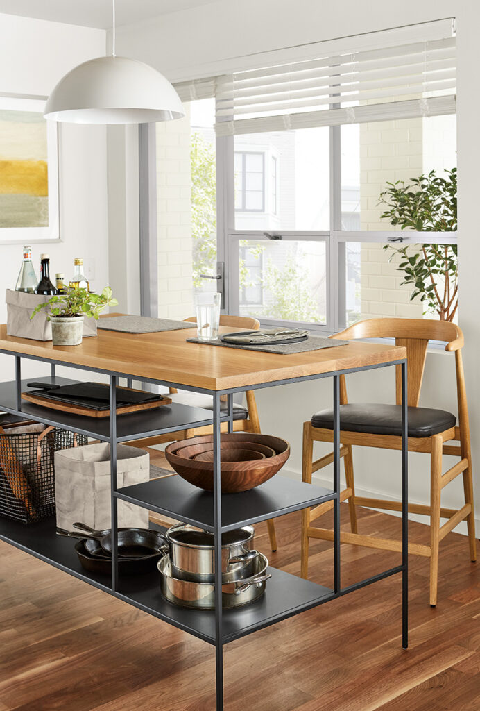 Bowen Counter Table with Shelves and Evan Counter Stools. 